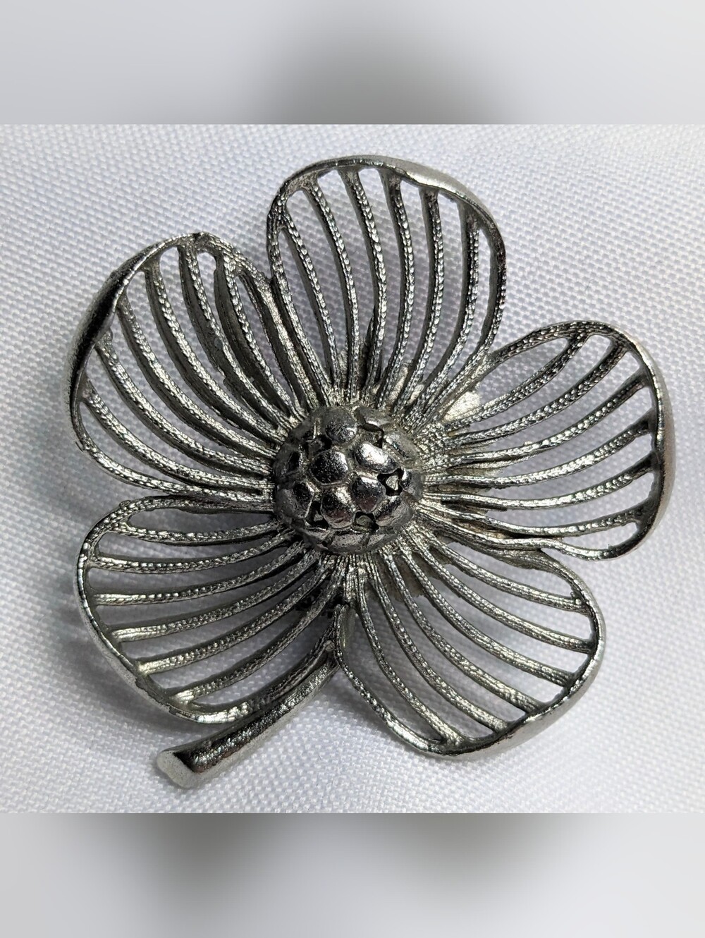 Pewter-tone Flower Brooch, 3 Dimensional, Textured Petals, Unsigned